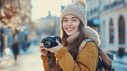 Girl takes street photo.