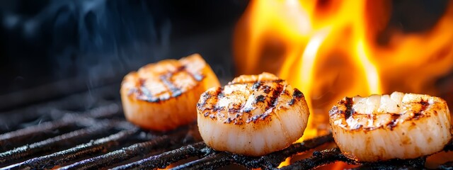 Wall Mural -  A tight shot of food sizzling over an open grill against a backdrop of roaring fire and billowing flames above