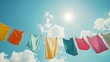 © Alexander - Colorful clothes hanging to dry on a laundry line with a sunny blue sky background, perfect for household chores or laundry day concepts Generative AI