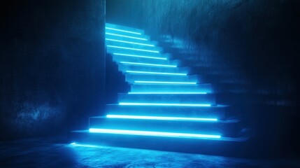 Canvas Print - Concrete Staircase Illuminated by Blue Neon Lights