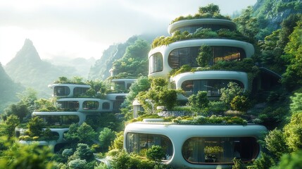 Poster - Futuristic Eco-Friendly Houses in Lush Mountains