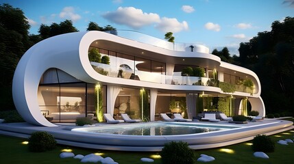 Wall Mural - 3d rendering of modern house with swimming pool and beautiful landscaping