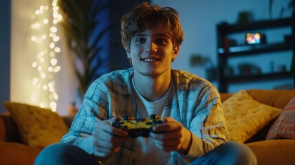 Man plays games with a joyful expression.