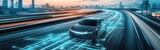 A futuristic electric vehicle glides on a high-tech highway, showcasing advanced driving tech