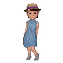 3D character cute blue dress girl in various poses design illustration, 3d rendering character girl pose animation