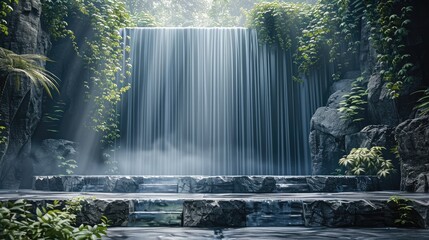 Wall Mural - A stone stage with a waterfall, refreshing and natural background, minimalist stage design, soft and cool light, Crystal Clear. Generative AI.