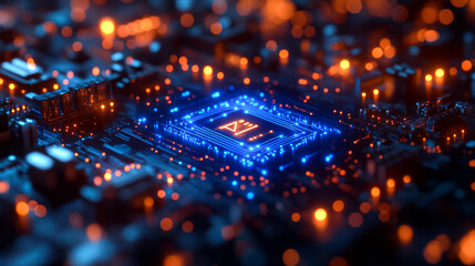 Wall Mural - a computer chip with a blue and orange glow