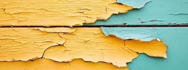 Sticker -  A tight shot of paint curling and flaking from a blue-yellow wall, revealing underlying layers A rusted metal bar runs through its center