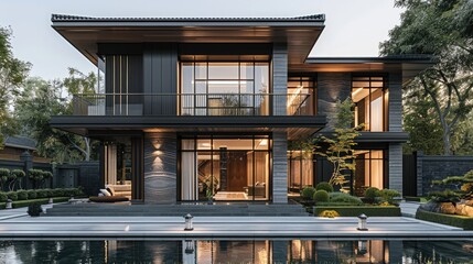 Poster - Modern Chinese style villa entrance design, dark gray and white color scheme combined with wood grain material wall panels. The front view, black metal fence, reflection pool. Generative AI.