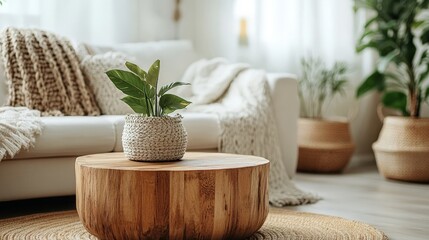 Round wood coffee table against white sofa. Scandinavian home interior design of modern living room