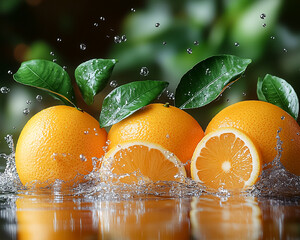 Three oranges are in a pool of water, with their peels floating on the surface