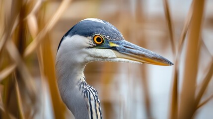 Wall Mural - Heron conceals by lake and reeds.