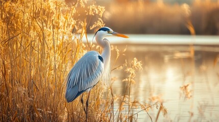 Wall Mural - Lake reeds hide heron.