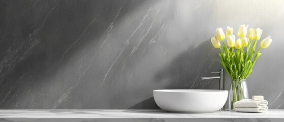 Canvas Print -  A white bowl atop the counter, next to a vase with yellow tulips