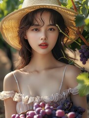 Wall Mural - Young fashion cute Korean female model, happy expression, pale beige dress, yellow straw hat, basket with purple grapes, lush grapes on the vine in the vineyard. Generative AI.