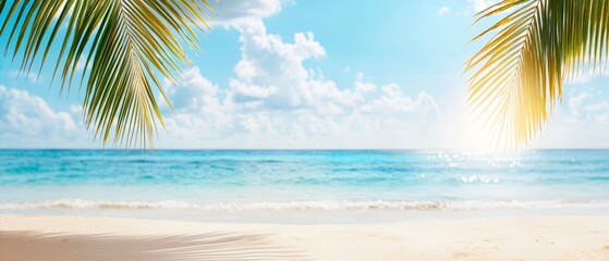 Canvas Print - palm tree in foreground, bright blue ocean in background