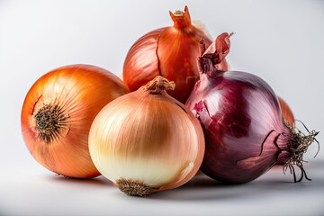 onions featuring rich hues of red, orange, and white, elegantly displayed against a pristine white background. Perfect for food photography, kitchen decor, culinary blogs, and recipe visuals.