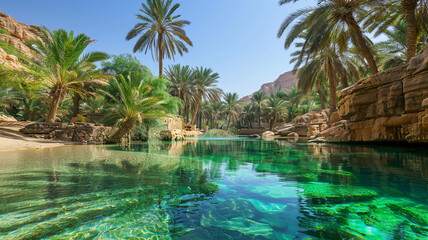 Wall Mural - a desert oasis surrounded by palm trees and crystal-clear water