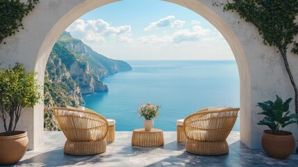 Wall Mural - Terrace with rattan chairs. Arch with stunning sea view. Summer vacation background