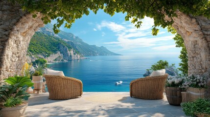 Wall Mural - Terrace with rattan chairs. Arch with stunning sea view. Summer vacation background