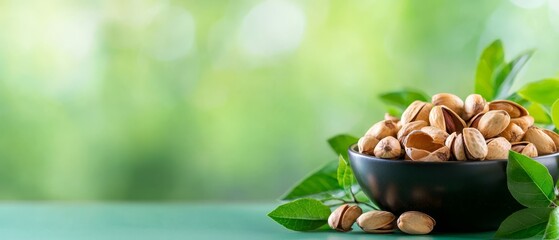  A black bowl brimming with nuts rests atop a table, its surface adorned with green leaves Nearby, a lush, green background teems with foliage