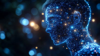 Wall Mural - a man's face is made of blue lights and is surrounded by a blurry background