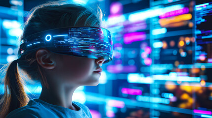 Wall Mural - A young girl wars VR glasses, engaged in an online educational experience. The concept of the future of learning, technology in education, and immersive virtual reality for kids. Generative AI.