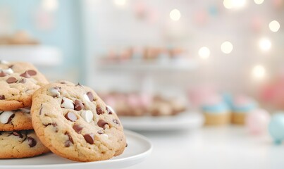 NY style cookies with both melted white and milk chocolate pieces a white kitchen counter, Generative AI