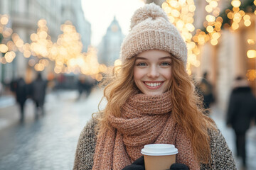 Wall Mural - Portrait of a beautiful, smiling woman in winter , holding a cup of coffee, walking on a city street with bokeh lights and people around. Close-up portrait of a happy lifestyle concept.