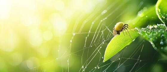  A spider on a green leaf, its web in the middle, dewdrops on its wings