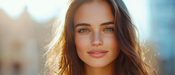 Wall Mural -  A tight shot of a woman's face with long brown hair and scattered freckles