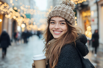 portrait of a beautiful, smiling woman in winter , holding a cup of coffee, walking on a city street