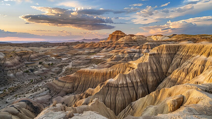 Wall Mural - a dramatic view of desert badlands with eroded hills and valleys