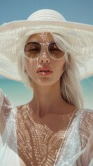 A stylish woman with white hair and sunglasses relaxes under a sun hat by the beach