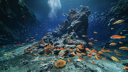 a dynamic scene of a seamount with schools of fish darting around