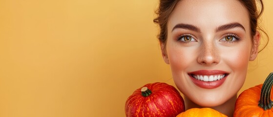  A woman happily displays two pumpkins and an apple before her, obscuring her features with their vibrant colors