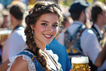 Traditional Beauty at Oktoberfest with Beer Stein. A young woman with light skin and brown hair, dressed in traditional Bavarian attire, smiling while holding a beer stein at Oktoberfest.
