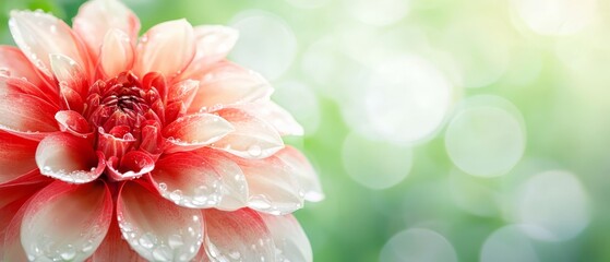  A tight shot of a red-and-white bloom, adorned with water droplets, against a backdrop of green Bokeh'd light