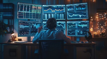 Poster - A professional forex trader desk. Multiple monitors display various forex charts and data, including bar charts and line graphs. A trader is seated at the desk, analyzing the screens intently.