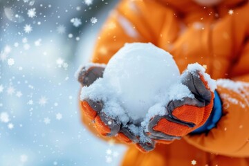 Close-up of gloved hands holding a snowball. Snowy winter scene with a playful and festive atmosphere. Perfect for holiday and seasonal imagery.