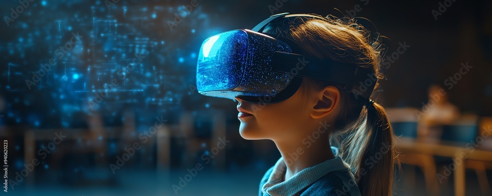 School student using a VR headset with AI artificial intelligence ...