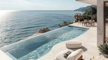 Wall Mural - Minimalistic design, pool with a floating bed and table in the middle of an outdoor terrace overlooking the sea, beach chairs around it, Mediterranean style, white concrete floor. Generative AI.