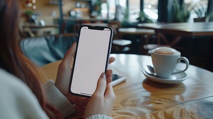 Close up Woman hand Using a Smart Phone with coffee