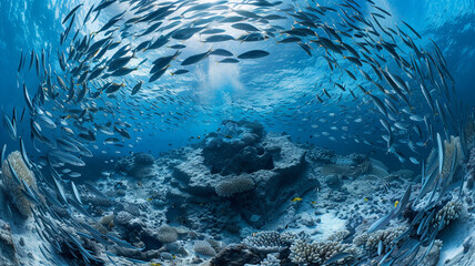 a seamount surrounded by a swirling school of fish