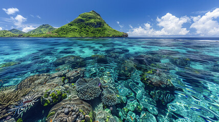 Wall Mural - a seamount surrounded by clear, turquoise waters and abundant sea life