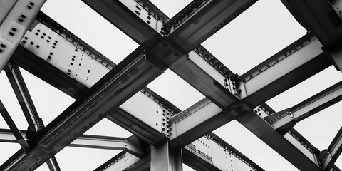 Poster - An abstract composition of intersecting metal beams creating a dynamic geometric pattern against a stark monochrome backdrop