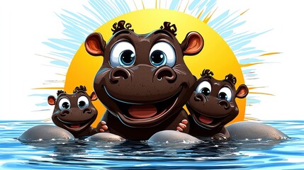 Cheerful cartoon hippos swimming together in water under a bright sun, showcasing family fun and playful moments.