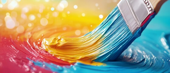 Canvas Print -  A tight shot of a paintbrush, heavily laden with bright blue and yellow pigment, predominantly covered in yellow and a smear of red