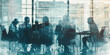 © xartproduction - Double exposure of business meeting with colleagues discussing strategies and data analysis in a modern office setting