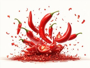 Dynamic composition of red chili peppers exploding with vibrant color and texture. Perfect for culinary, food, and spice-related themes.